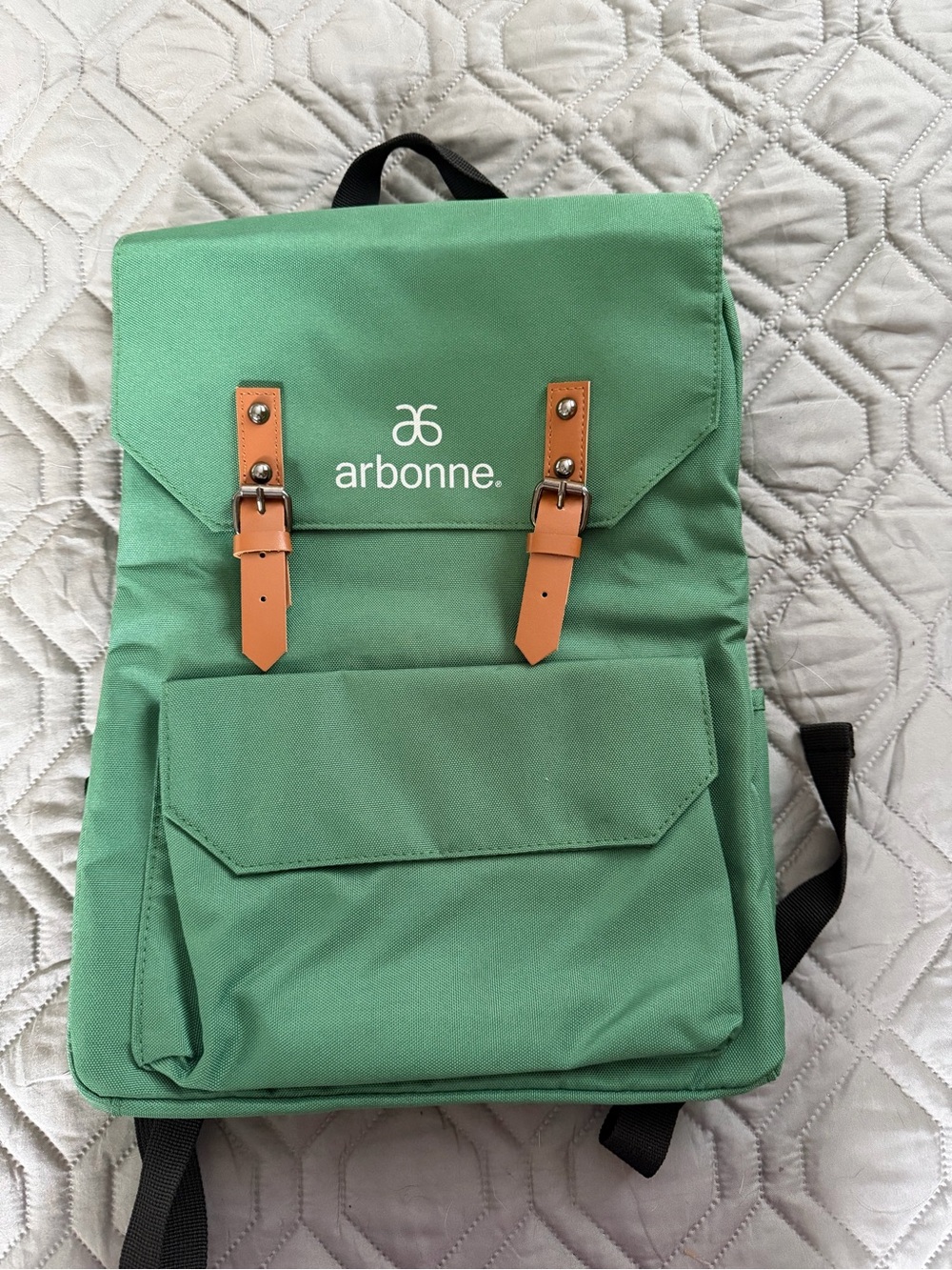 Arbonne Green Canvas Backpack with Tan Strap Accents